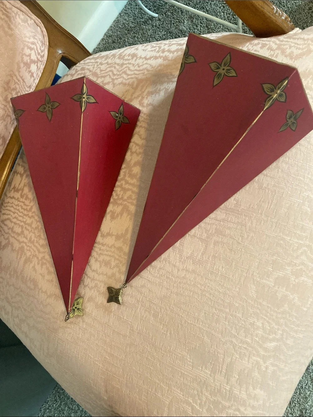 Pair of Metal Red Decorative Wall Shelves with Gold Accents